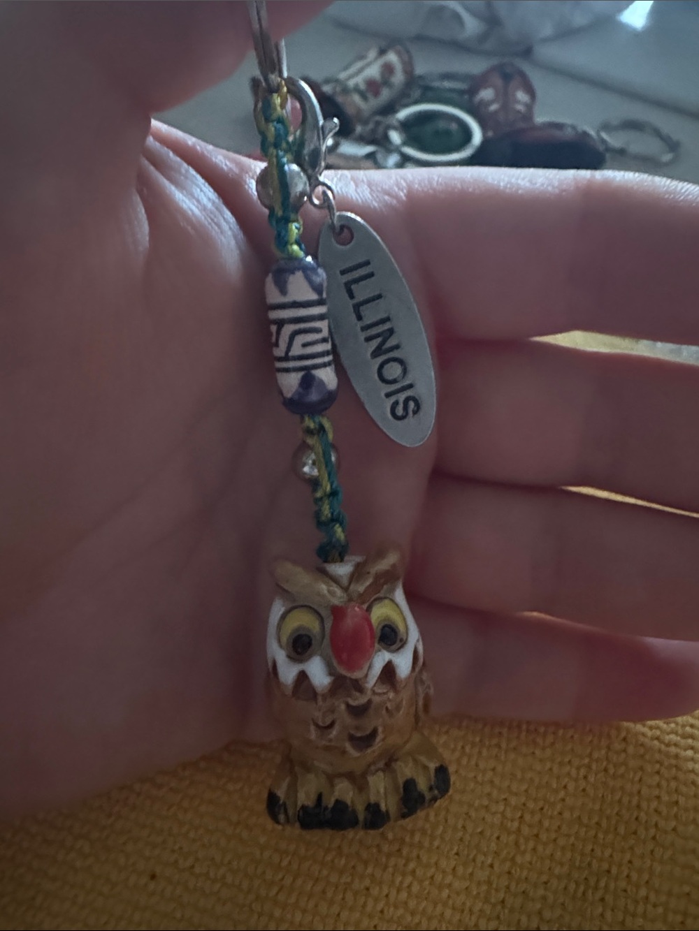 Illinois Owl Charm Keychain with Bead Accent